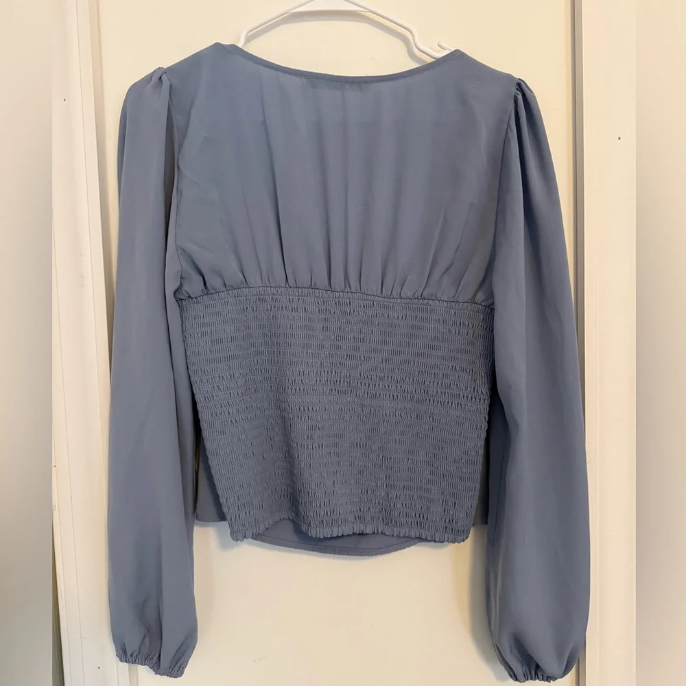 Abercrombie & Fitch Blue Long Sleeved Satin Ruched Tie Top